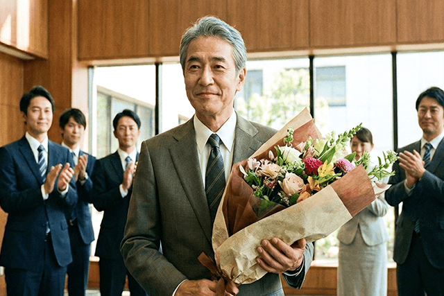 花束を持った退職する上司を囲んで拍手をする社員