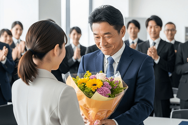 退職する上司に花束を渡す写真